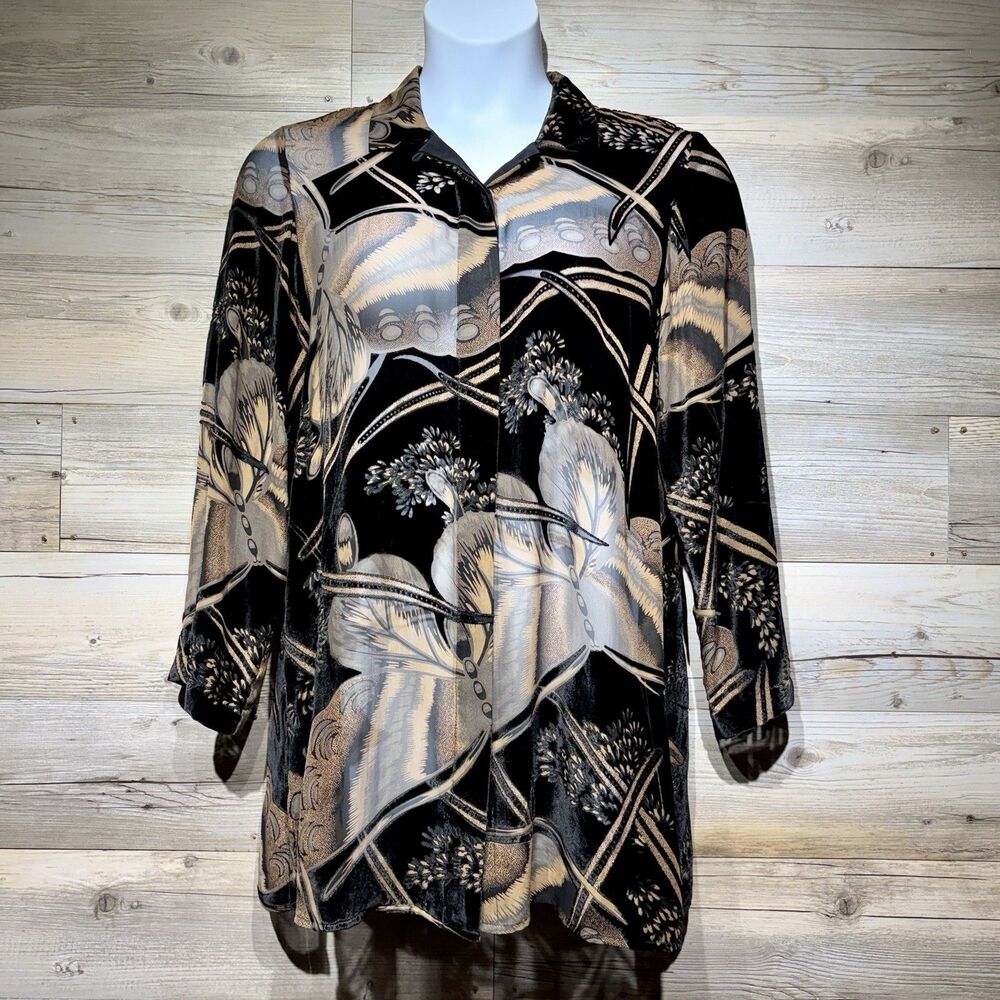 CITRON Santa Monica Velvet Burnout Tunic Blouse Button Up Top Butterflies Large
